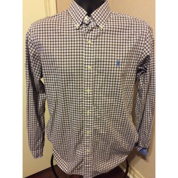 Ralph Lauren Other - Ralph Lauren Mens sz Medium M Brown White Check 100% Cotton Stretch Button Shirt